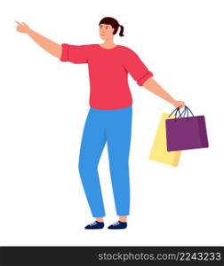 Woman with shopping bag pointing away. Buyer looking for discount. Vector illustration. Woman with shopping bag pointing away. Buyer looking for discount