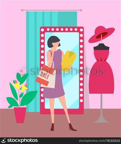 Woman with shopping bags choosing clothes in store. Girl looking at mannequin in fashion boutique. Sale, old collection concept. Vector illustration in flat cartoon style. Woman with Shopping Bags in Clothes Store Vector