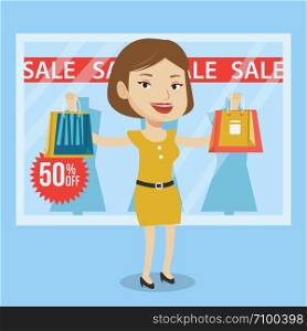 Woman with shopping bags in front of clothes shop display window and sale sign. Woman with shopping bags in front of window display with text sale. Vector flat design illustration. Square layout.. Woman shopping on sale vector illustration.
