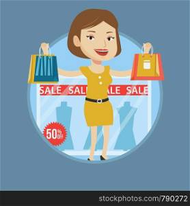 Woman with shopping bags standing in front of clothes shop display window with sale sign. Caucasian woman buying clothes on sale. Vector flat design illustration in the circle isolated on background.. Woman shopping on sale vector illustration.