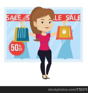 Woman with shopping bags standing in front of shop with sale sign. Woman holding shopping bags in front of storefront with text sale. Vector flat design illustration isolated on white background.. Woman shopping on sale vector illustration.