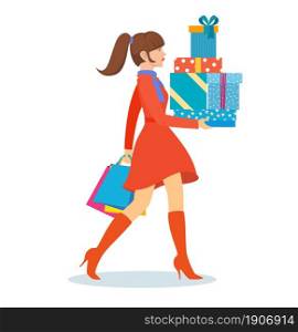 Woman with shopping bags walking in snow in the city. Merry Christmas sale. Vector illustration in flat style.. Woman with shopping bags