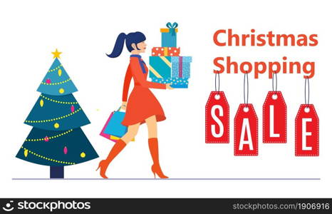 Woman with shopping bags walking. Merry Christmas sale. Vector illustration in flat style.. Woman with shopping bags