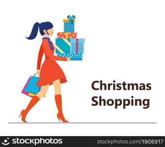 Woman with shopping bags walking. Merry Christmas sale. Vector illustration in flat style.. Woman with shopping bags
