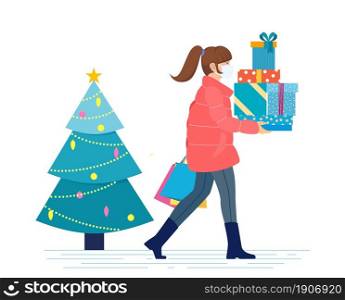 Woman with shopping bags walking. Merry Christmas sale. Vector illustration in flat style.. Woman with shopping bags