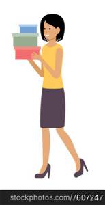 Woman with shopping boxes. Shopaholic. Vector flat illustration.