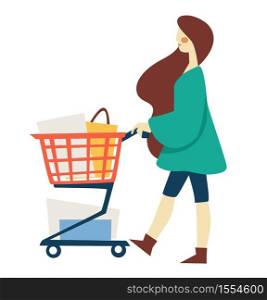 Woman with shopping cart full of purchases bags and boxes vector supermarket or mall girl buying food clothes or goods isolated female character and trolley shopper and routine weekend pastime.. Shopping woman with supermarket cart or trolley bags and boxes