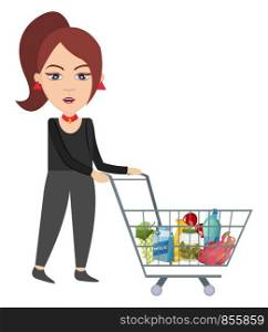 Woman with shopping cart, illustration, vector on white background.