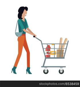 Woman with Shopping Cart. Woman with shopping cart in flat. Smiling woman in brown pants and green blouse. Woman daily shopping, supermarket shopping, customer in mall, retail store isolated illustration on white background.