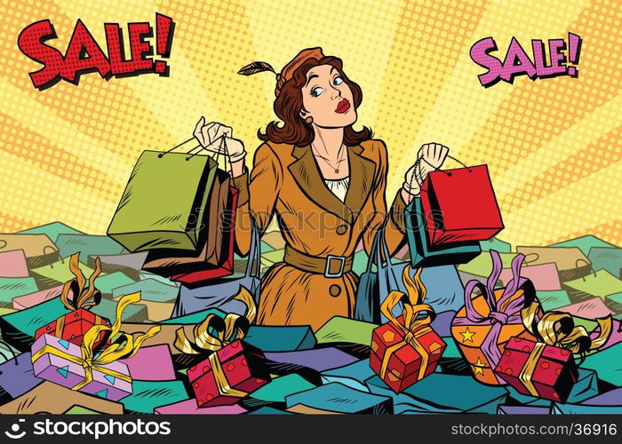 Woman with shopping in a sea of sales, pop art retro vector illustration