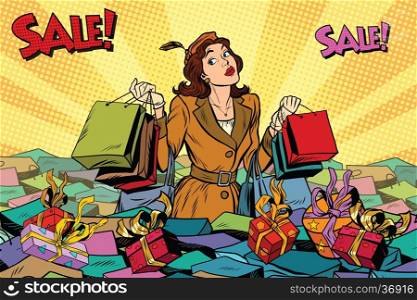 Woman with shopping in a sea of sales, pop art retro vector illustration