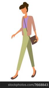 Woman with shopping sack isolated person at marketplace. Vector lady with sack, cartoon style person in shirt and trousers on high heel, side view profile. Woman with Shopping sack Isolated Person at Market