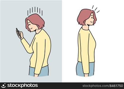 Woman with smartphone bad posture compared with good posture. Back problems. Healthcare and medicine. Vector illustration.. Woman bad and good back posture