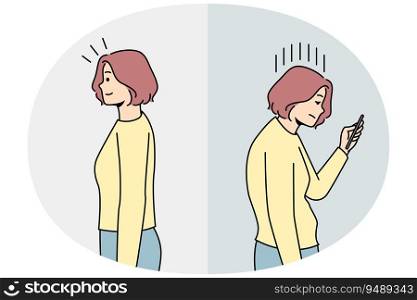 Woman with smartphone bad posture compared with good posture. Back problems. Healthcare and medicine. Vector illustration.. Woman bad and good back posture