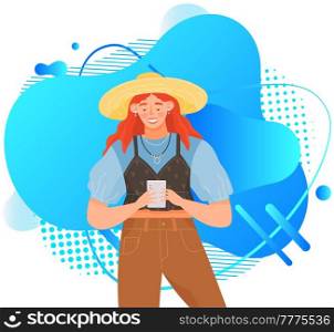 Woman with smartphone is communicating on abstract background. Female character using mobile device to chat. Young girl is chatting online via internet. Person uses technology to communicate. Woman with smartphone is communicating on abstract background. Girl chatting online via internet