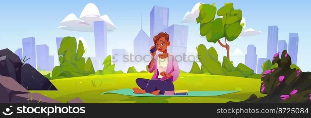 Woman with smartphone relax in city park. Cartoon female character sitting on mat with books speaking by mobile at landscape with city skyline and trees. Outdoor summer recreation, Vector illustration. Woman with smartphone relax in city park, relax