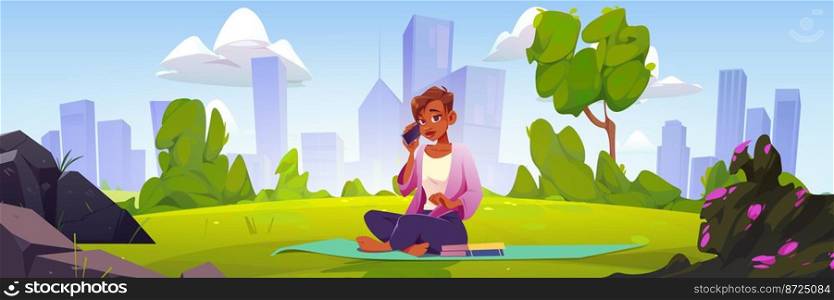 Woman with smartphone relax in city park. Cartoon female character sitting on mat with books speaking by mobile at landscape with city skyline and trees. Outdoor summer recreation, Vector illustration. Woman with smartphone relax in city park, relax