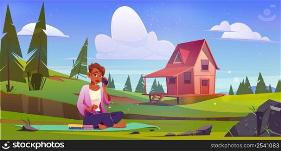 Woman with smartphone relax on summer nature landscape with wooden stilt house on lawn. Cartoon female character enjoying outdoor recreation at meadow with countryside cottage, Vector illustration. Woman with smartphone relax on nature landscape