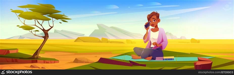 Woman with smartphone sitting on mat with books at green lawn of savanna scenery landscape with trees, rocks and grass. Cartoon female character enjoying escape, outdoor recreation Vector illustration. Woman with smartphone sitting on mat at savanna