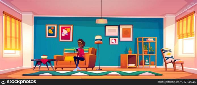 Woman with smartphone sitting on sofa at home. African american girl with mobile phone in hand relaxing on couch reading electronics book or messaging in social networks Cartoon vector illustration. Woman with smartphone sitting on sofa at home