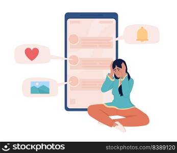 Woman with social media addiction semi flat color vector character. Editable figure. Full body person on white. Virtual network simple cartoon style illustration for web graphic design and animation. Woman with social media addiction semi flat color vector character