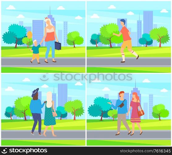 Woman with son enjoying weekends in park vector, people walking and talking man and lady holding hands. Young person running, jogging character set. People Spending Time in Park, Couples and Family