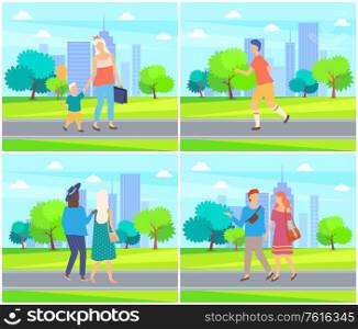 Woman with son enjoying weekends in park vector, people walking and talking man and lady holding hands. Young person running, jogging character set. People Spending Time in Park, Couples and Family