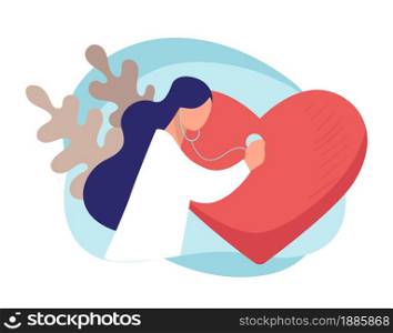 Woman with stethoscope listening to heart beating, isolated female character cardiologist at work. Treatment of cardiac diseases and disorders. Examination and checkup of patient vector in flat. Cardiologist listening to heart beat, doctor with stethoscope