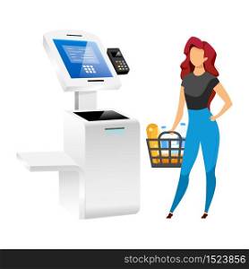 Woman with store terminal flat color vector faceless character. Supermarket payment system isolated cartoon illustration on white background. Self service technology. Contactless pay technology