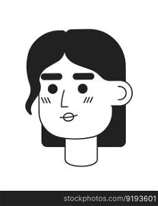 Woman with straight neck length hair monochromatic flat vector character head. Editable black white cartoon face emotion. Hand drawn lineart ink spot illustration for web graphic design, animation. Woman with straight neck length hair monochromatic flat vector character head