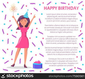 Woman with stretched hands happy to have party vector. Poster with text, flying confetti and present with decorative bow in box. Gift for lady wearing cap. Happy Birthday Woman Celebrating Special Day Poster