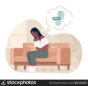 Woman with strong abdominal ache 2D vector isolated illustration. Diarrhea and bowel infection flat character on cartoon background. Disease colourful editable scene for mobile, website, presentation. Woman with strong abdominal ache 2D vector isolated illustration
