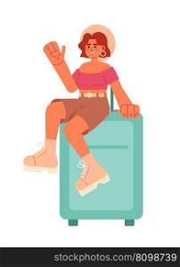 Woman with suitcase going on summer vacation semi flat colorful vector character. Carry on luggage. Editable full body person. Simple cartoon spot illustration for web graphic design and animation. Woman with suitcase going on summer vacation semi flat colorful vector character