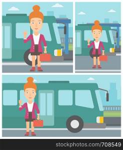 Woman with suitcase standing at the entrance door of a bus on a city background. Young woman waving in front of a bus. Vector flat design illustration. Square, horizontal, vertical layouts.. Woman travelling by bus vector illustration.