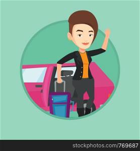 Woman with suitcase standing on the background of open car door. Happy woman waving in front of car. Woman going to vacation by car. Vector flat design illustration in circle isolated on background.. Caucasian woman traveling by car.