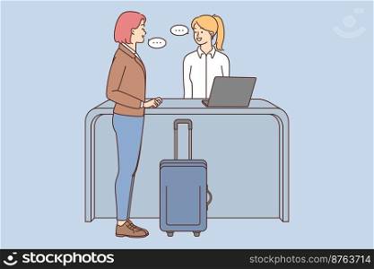 Woman with suitcase talk with personnel in hotel. Female traveler with luggage speak with administrator on reception. Vector illustration. . Woman with suitcase talk with administrator on reception 