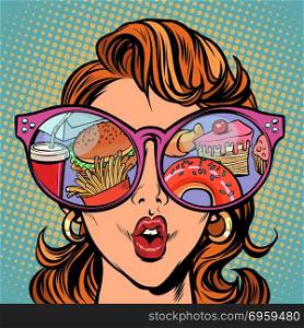Woman with sunglasses. Fast food and sweets in the reflection. Woman with sunglasses. Fast food and sweets in the reflection. Comic cartoon pop art retro illustration vector kitsch drawing. Woman with sunglasses. Fast food and sweets in the reflection