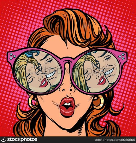 Woman with sunglasses. loving couple face intimacy in reflection. Woman with sunglasses. loving couple face intimacy in reflection. Comic cartoon pop art retro illustration vector kitsch drawing. Woman with sunglasses. loving couple face intimacy in reflection