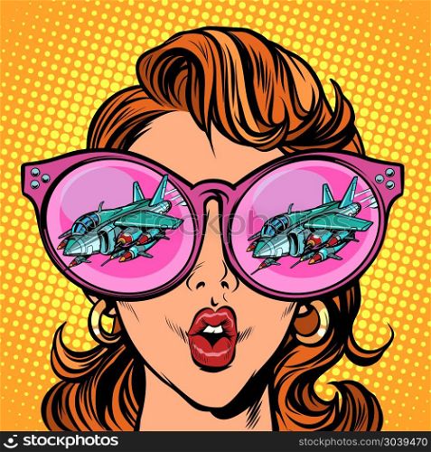 Woman with sunglasses. Military aircraft in reflection. Woman with sunglasses. Military aircraft in reflection. Comic cartoon pop art retro illustration vector kitsch drawing. Woman with sunglasses. Military aircraft in reflection