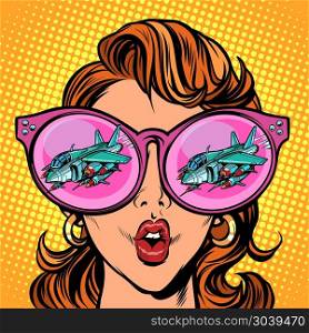 Woman with sunglasses. Military aircraft in reflection. Woman with sunglasses. Military aircraft in reflection. Comic cartoon pop art retro illustration vector kitsch drawing. Woman with sunglasses. Military aircraft in reflection