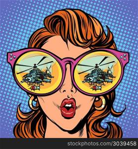 Woman with sunglasses. military helicopter in reflection. Woman with sunglasses. military helicopter in reflection. Comic cartoon pop art retro illustration vector kitsch drawing. Woman with sunglasses. military helicopter in reflection