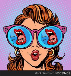 Woman with sunglasses. screaming mouth in the reflection. Woman with sunglasses. screaming mouth in the reflection. Comic cartoon pop art retro illustration vector kitsch drawing. Woman with sunglasses. screaming mouth in the reflection