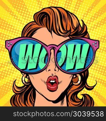 Woman with sunglasses. wow in reflection. Woman with sunglasses. wow in reflection. Comic cartoon pop art retro illustration vector kitsch drawing. Woman with sunglasses. wow in reflection