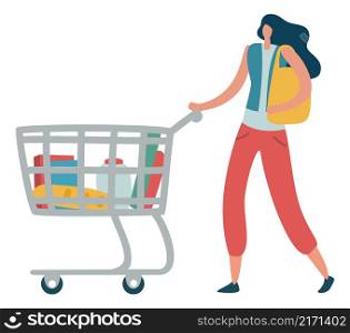 Woman with supermarket cart. Grocery shopping concept isolated on white background. Woman with supermarket cart. Grocery shopping concept