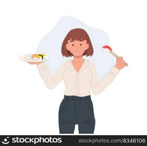 Woman with sushi, rolls, japanese food. vector illustration