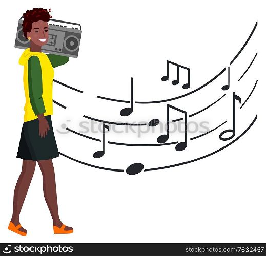 Woman with tape recorder walks along music notes, lifestyle shoots. Afro-american woman and apparatus for recording sounds on magnetic tape. Vector illustration in flat cartoon style. Woman with Tape Recorder Walks Along Music Notes