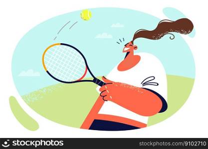 Woman with tennis racket and ball is preparing for important competition by training to repel opponent attacks. Girl goes in for tennis to maintain slim body and lead healthy lifestyle . Woman with tennis racket and ball is preparing for important competition by training