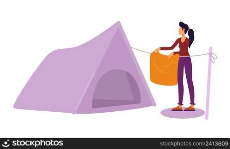 Woman with towel standing near c&ing tent semi flat color vector character. Posing figure. Full body person on white. Simple cartoon style illustration for web graphic design and animation. Woman with towel standing near c&ing tent semi flat color vector character