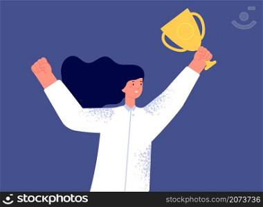 Woman with trophy. Female success, business successful winner. Championship prize, corporate office award. Champion utter vector character. Woman female with award, business winner cup. Woman with trophy. Female success, business successful winner. Championship prize, corporate office award. Champion utter vector character