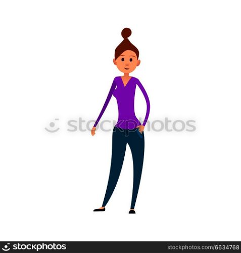 Woman with tuft on head in purple sweater with V-neck, blue sports trousers and black ballet shoes isolated vector illustration on white background.. Woman with Tuft on Head in Casual Clothes Illustration